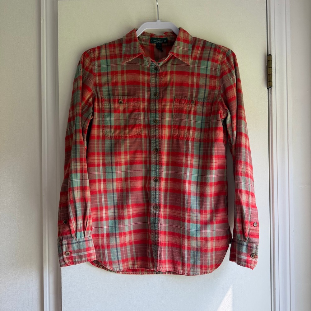 Lauren Ralph Lauren Womens Red Green Plaid Cotton Flannel Button Down Shirt S